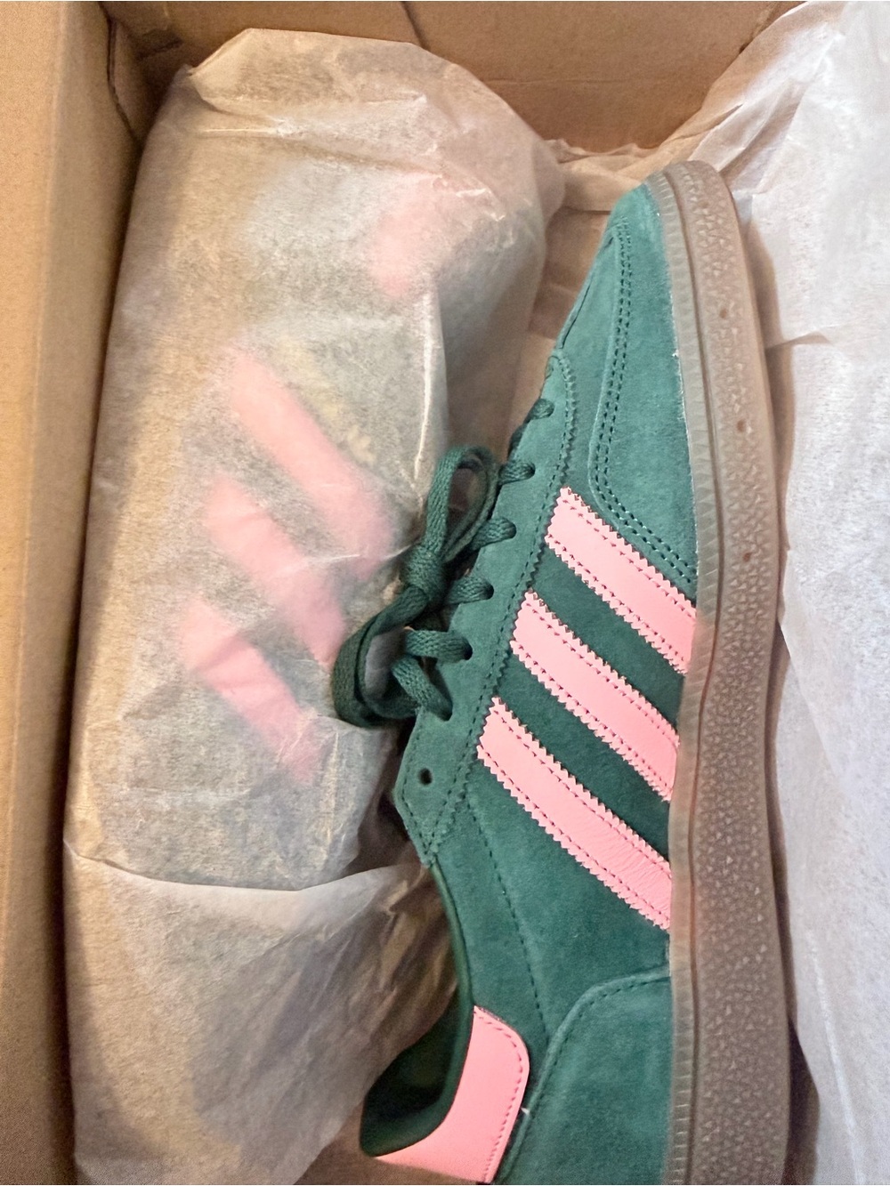 Adidas Handball Spezial Green Suede Sneakers with Pink Stripes